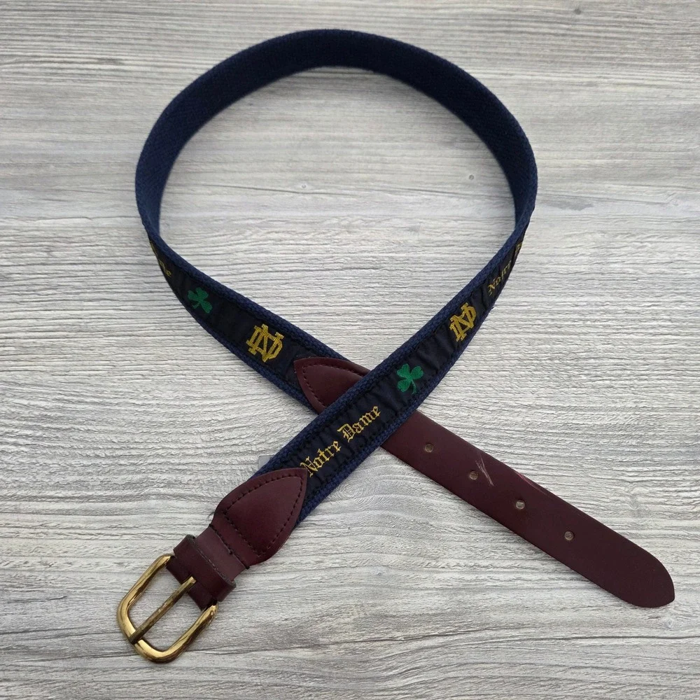 Notre Dame Belt Navy Blue Leather Canvas Embroidered Mens Medium